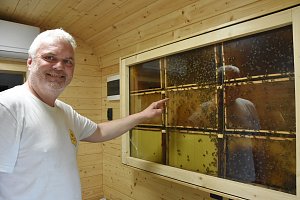 Pavel Kaiser ukazuje prosklený včelín, ve kterém hosté mohou sledovat počínání včel.