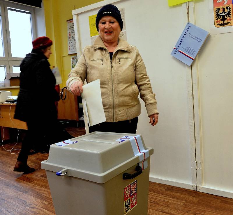 První den prezidentských voleb v Údlicích na Chomutovsku. První údlická volička Marie Albrechtová.