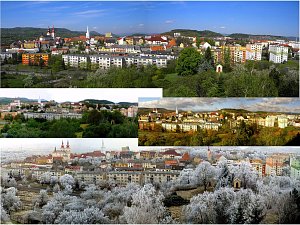 Koláž z panoramatických fotografií Kadaně ve čtyřech ročních obdobích.