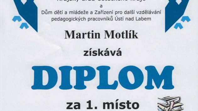 Diplom Martina Motlíka z krajské přehlídky SOČ.