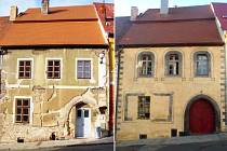 Měšťanský dům čp 163 v Kadani jak vypadal před třemi lety (vlevo) a po obnově (vpravo). Majitelé si přáli, aby se vzhledem vrátil na pomezí gotiky a renesance.