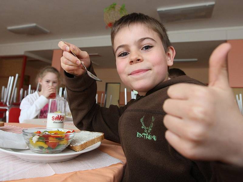 JAK TO BUDE VYPADAT. školáci ochutnali vzorové svačiny, mezi nimi zeleninový salát nebo chleba se sýrem a ředkvičkami.